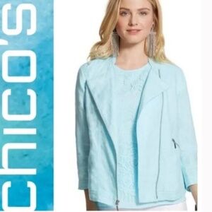 Chico's linen sky blue zip-front moto jacket
